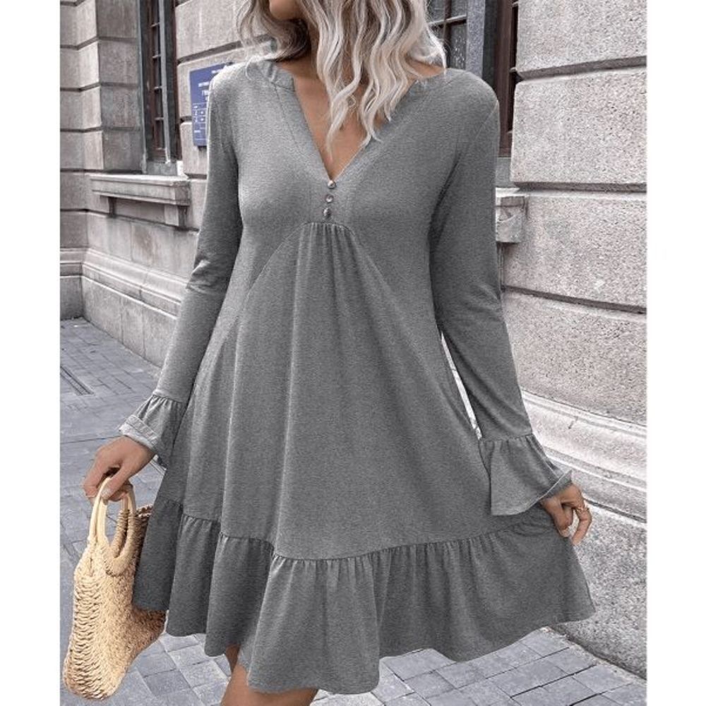 Women's Gray Ruffle-Hem Poet-Sleeve V-Neck Mini Dress M #1857-D1